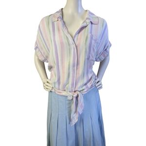 Vintage 90s Jordache Pastel Stripe Tie-Front Button-Up Top, Size Large